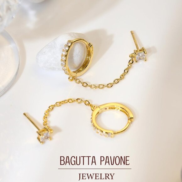 Elegant 18K Gold Plated Sterling Silver Double Piercing Chain Earrings with Cubi - Picture 4 of 7